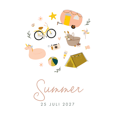 Zomer geboortekaartje meisje met illustraties camping