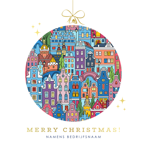 Kerstkaart Amsterdam kerstbal met kleurrijke grachtenpanden