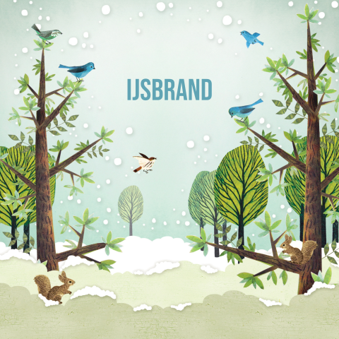 Geboortekaartje met winterlandschap in het bos met eekhoorns en vogels
