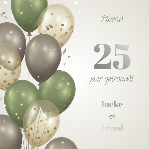 Zilverfolie jubileumkaart 25 jaar getrouwd met ballonnen