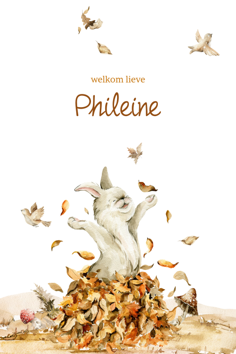 Herfst geboortekaartje konijn springt uit de bladeren