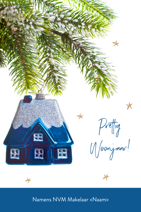 Makelaars kerstkaart blauw huisje aan kerstboom