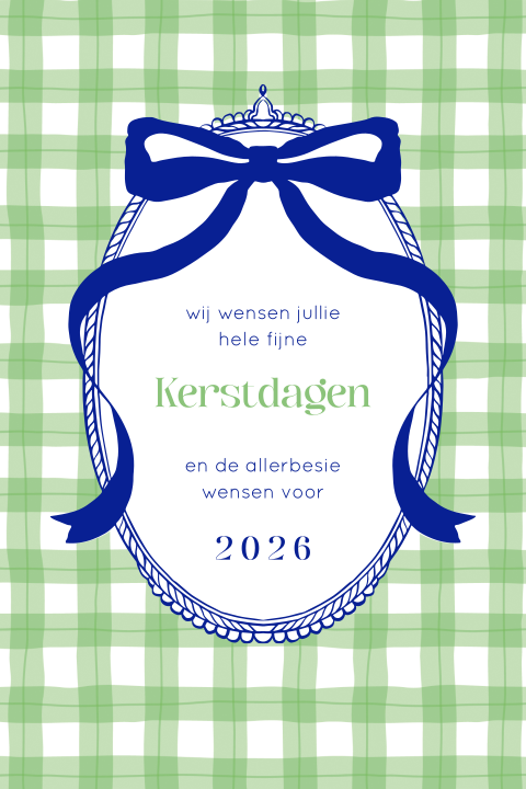 Kerstkaart met blauw lint en groen ruitpatroon