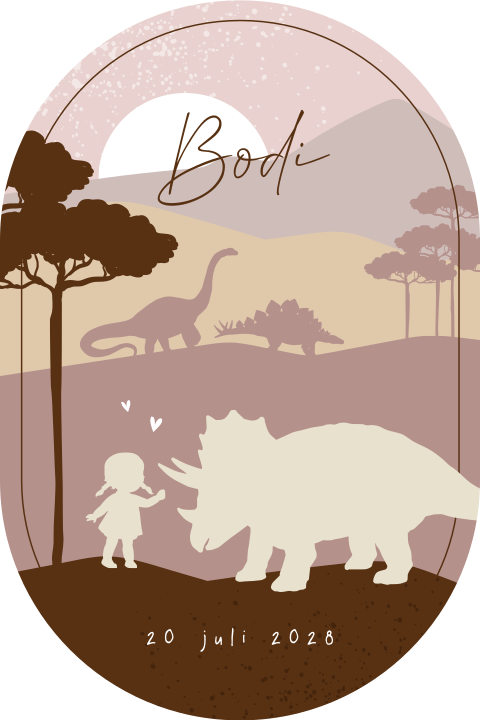 Ovaal geboortekaartje dino silhouetjes en meisje