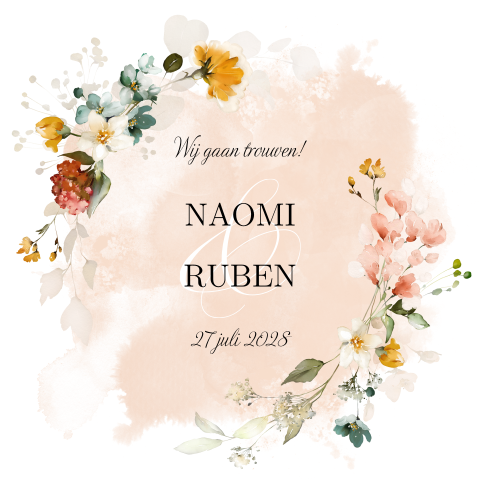 Klassieke trouwkaart met fleurige waterverf bloemen