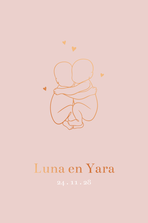 Roze geboortekaartje voor tweeling met lijntekening en koperfolie