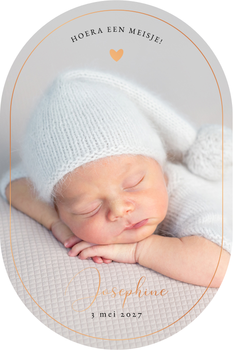Ovaal geboortekaartje meisje met eigen foto en koperfolie
