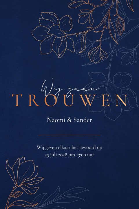 Donkerblauwe trouwkaart met koperfolie bloemen