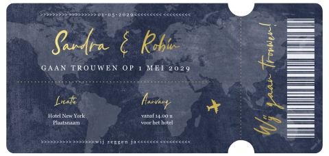 Donkerblauw trouwticket met wereldkaart en goudfolie