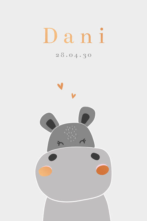 Grijs geboortekaartje met nijlpaard en koperfolie