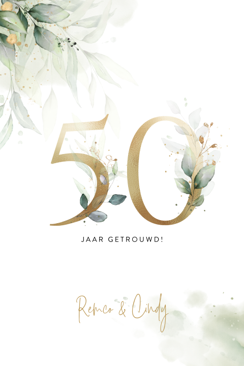 Botanische 50 jaar jubileumkaart met goudkleurige cijfers