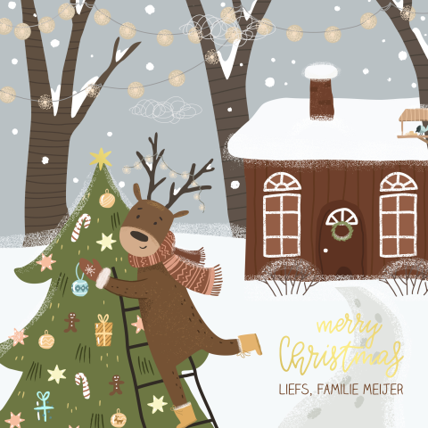 Enkele kerstkaart met rendier en kerstboom