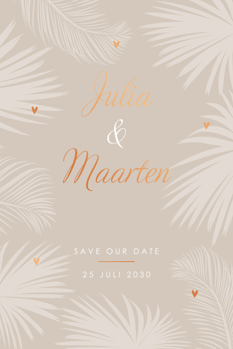 Trouwkaart in taupe met tropische bladeren en koperfolie