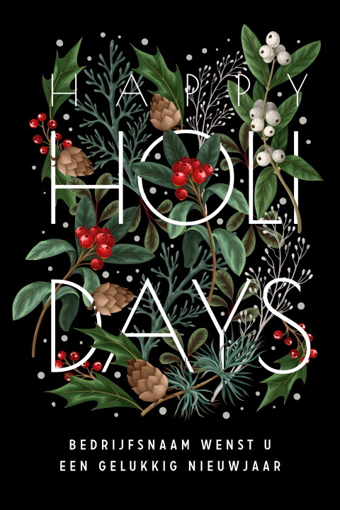 Zwarte kerstkaart met botanische illustratie en Happy Holidays