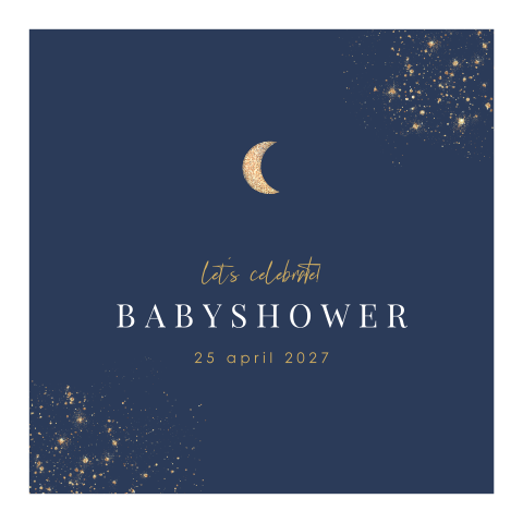 Blauwe uitnodiging babyshower met gouden maan en spetters