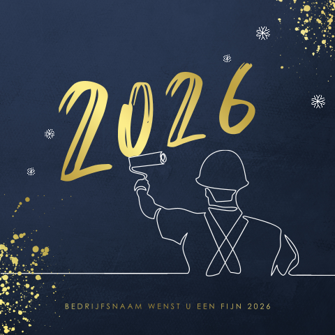 Blauwe kerstkaart met oneline schilder en 2026 in goudfolie