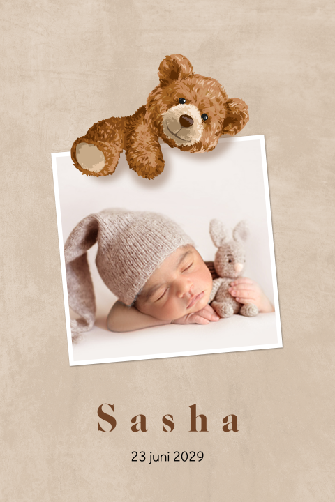 Lief geboortekaartje met eigen foto en knuffelbeer