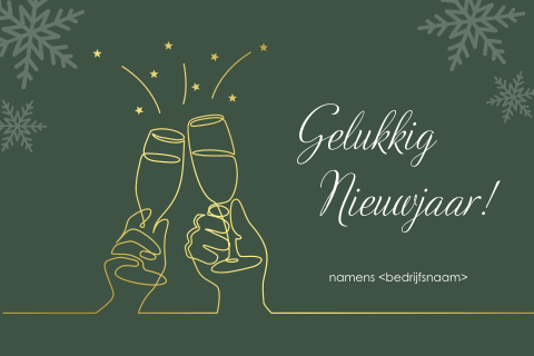 Kerstkaart met lijntekening champagneglazen in goudfolie