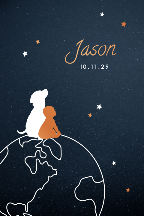 Koperfolie geboortekaartje met wereldbol en hondje