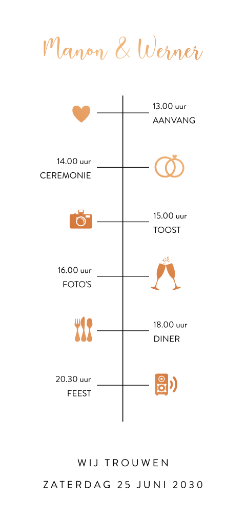 Staande trouwkaart met koperfolie tijdlijn