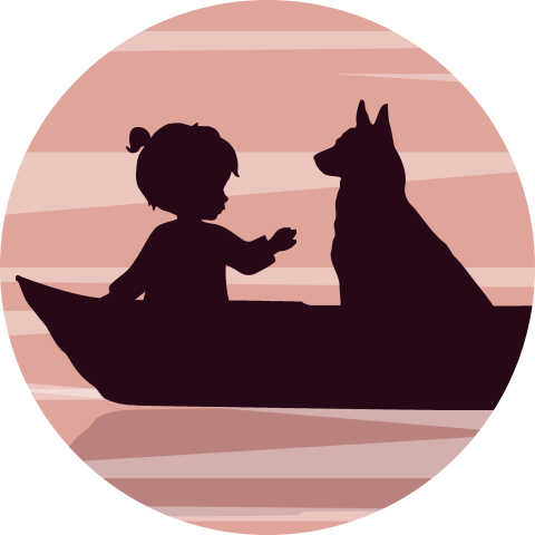 Silhouet sluitsticker met meisje en hond in bootje