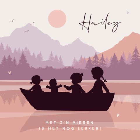 Silhouet geboortekaartje vier kindjes in bootje in lila en zalm