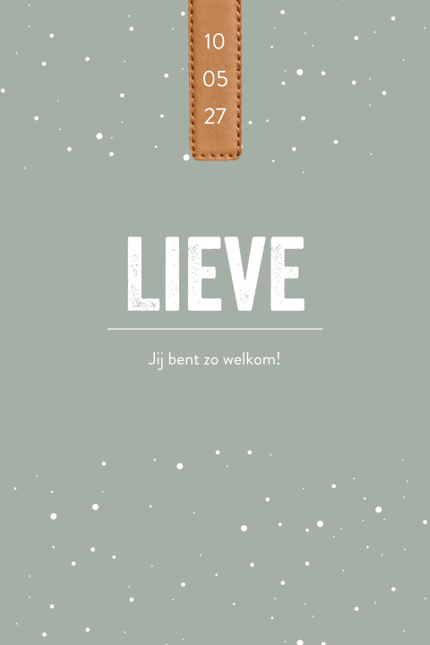 Groen geboortekaartje voor een meisje met leren label