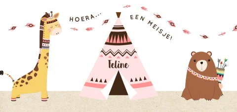 Geboortekaartje meisje met roze tipi en dieren