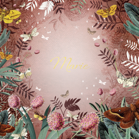 Geboortekaartje in bohemien en botanische stijl met rode gloed
