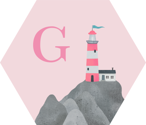 Roze hexagon sticker met vuurtoren en initiaal