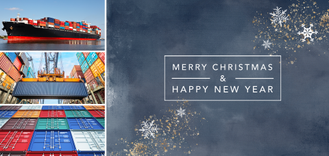 Blauwe kerstkaart scheepvaart foto's met spetters