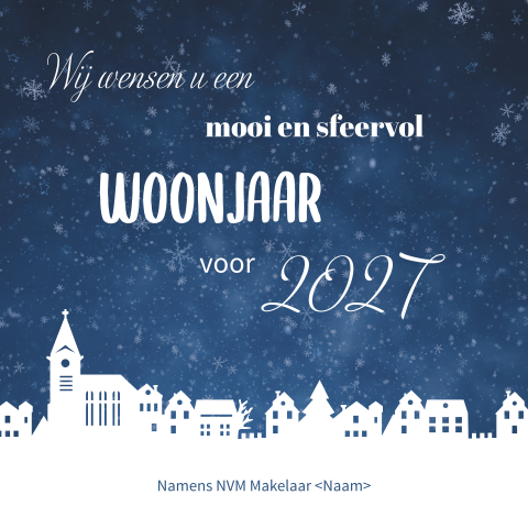 Kerstkaart makelaar blauw met witte huizen
