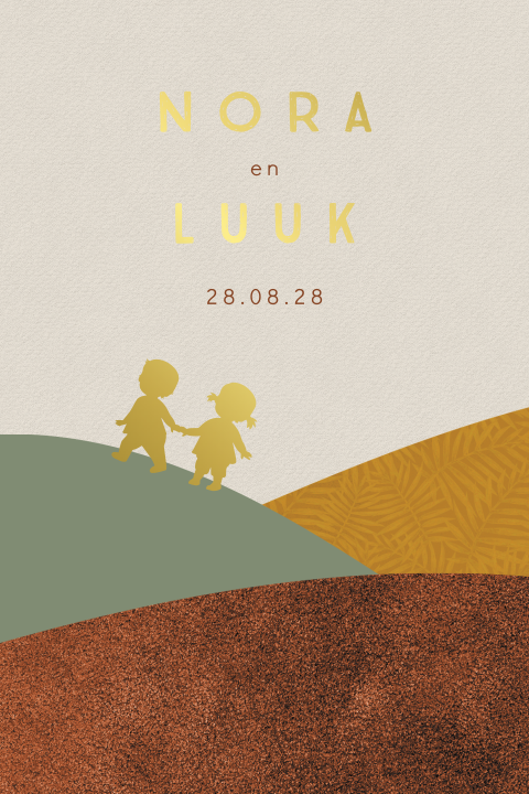 Geboortekaartje met landschap en goudfolie tweeling jongen-meisje