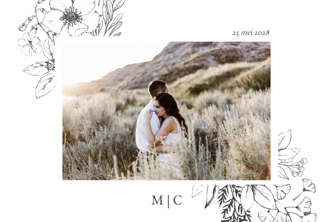 Save the date kaart met botanische bloemen en foto