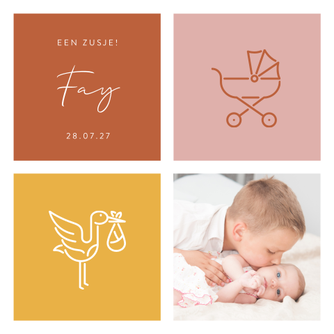 Kleurrijk geboortekaartje 2e kindje met foto broer en zusje