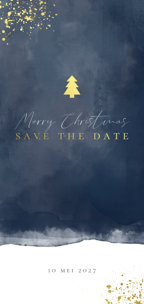Donkerblauwe save the date kaart met kerstwens en spetters