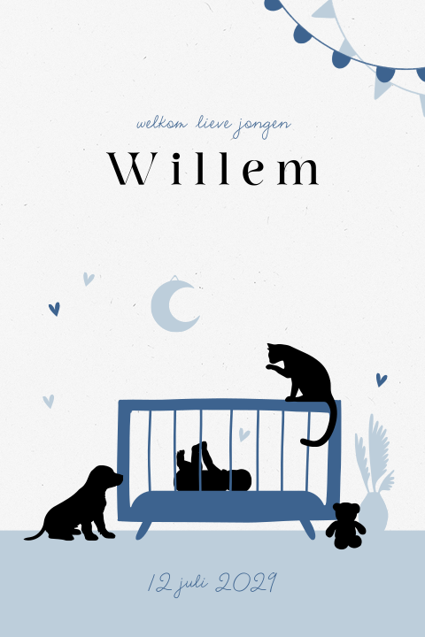 Geboortekaartje baby jongen in ledikant met hond en kat