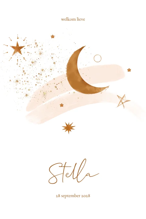 Geboortekaartje maan en sterren met lichtroze waterverf