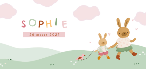 Geboortekaartje broer en baby zusje als twee konijntjes