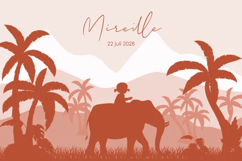 Silhouet geboortekaartje meisje op olifant in jungle