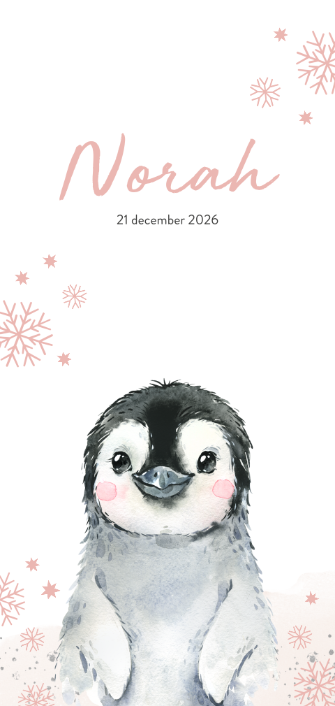 Winter geboortekaartje meisje met pinguin en roze sneeuwvlokken