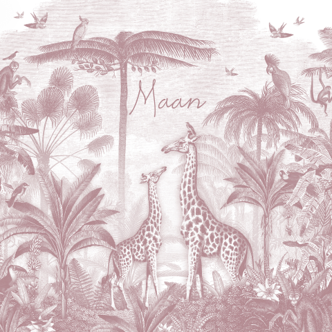 Roze jungle geboortekaartje met girafjes, apen en vogels