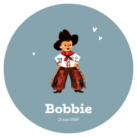 Rond blauw geboortekaartje met cowboy