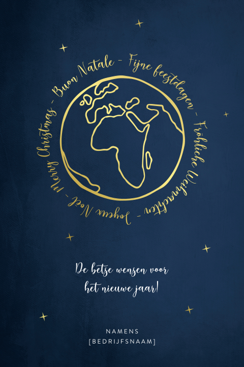 Blauwe kerstkaart met gouden wereldbol