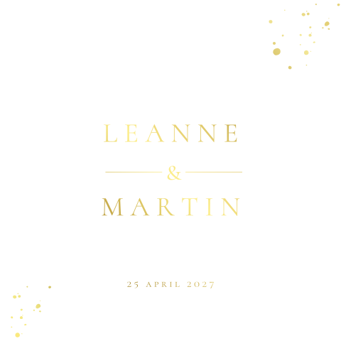 Witte minimalistische trouwkaart met namen in goudfolie