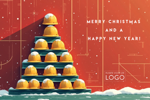 Kerstkaart bouw met kerstboom van bouwhelmen