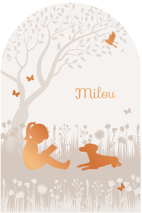 Silhouet geboortekaartje met lezend meisje onder boom en hondje