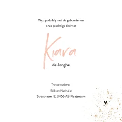 Hip geboortekaartje meisje met bladeren en roze waterverf