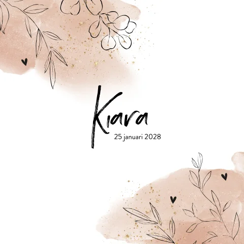 Hip geboortekaartje meisje met bladeren en roze waterverf