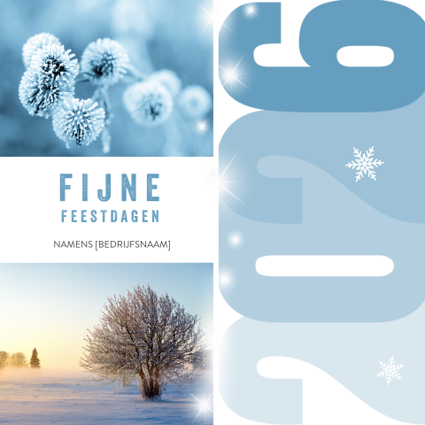 Blauwe kerstkaart met natuurfoto's en 2026